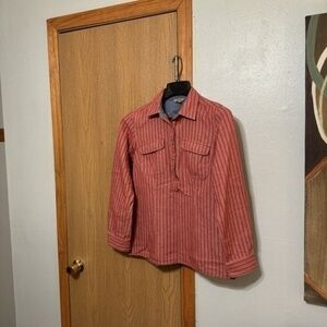 Duluth Trading Medium Red & White w/Stripes Long Sleeve Popover Top - EUC